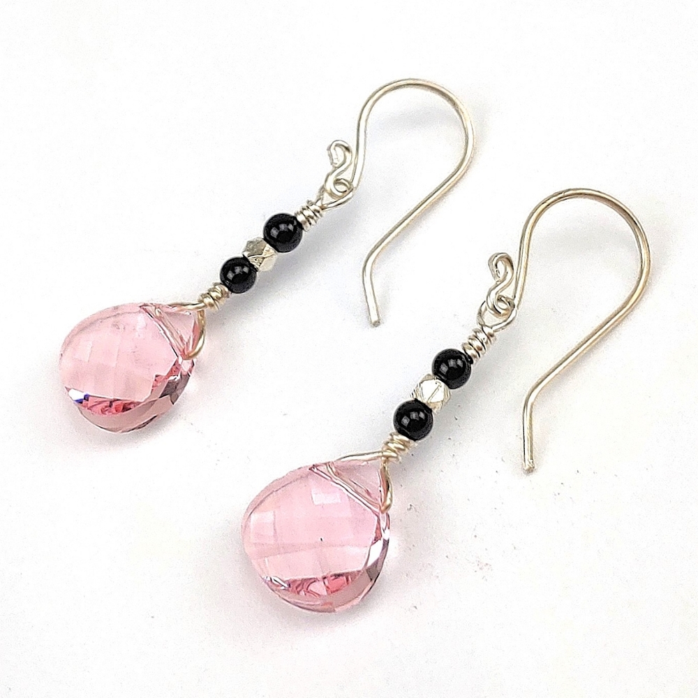 🆕️ .999 Solid Pure Silver Crystal Dangle Earrings Pink